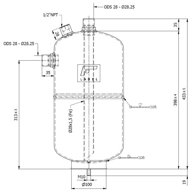 Folyadéktartály 10L RV-200x398 - 45 bar A2L (28mm forrasszos)